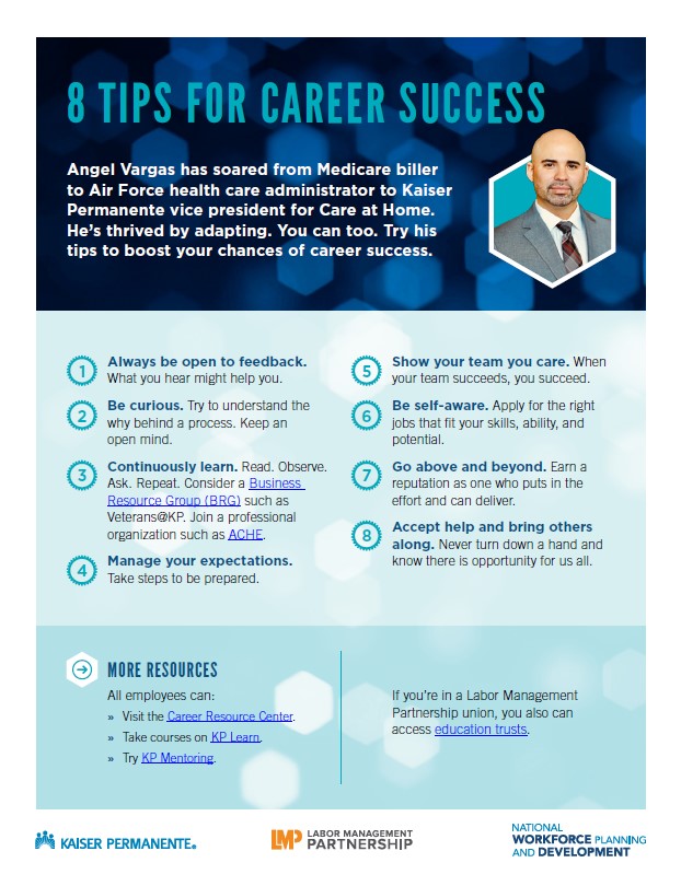 Text with tips for career success and a photo of man with a blue background