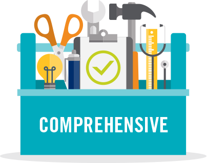 cartoon toolbox with the word "comprehensive"on it