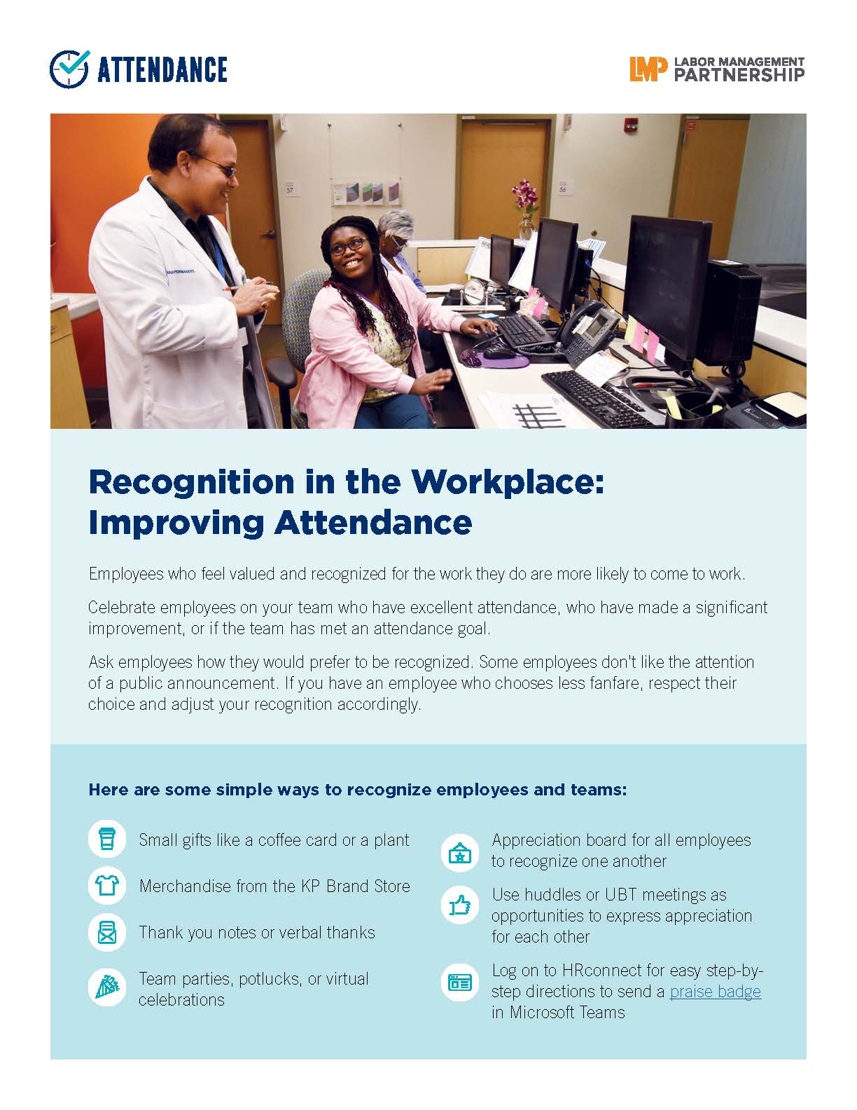 flier with a photo of 2 health care workers at a bank of computers, smiling at each other