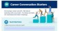 Front page of a tip sheet with career conversation starters. There is a graphic at the top of workers moving up on pillars.