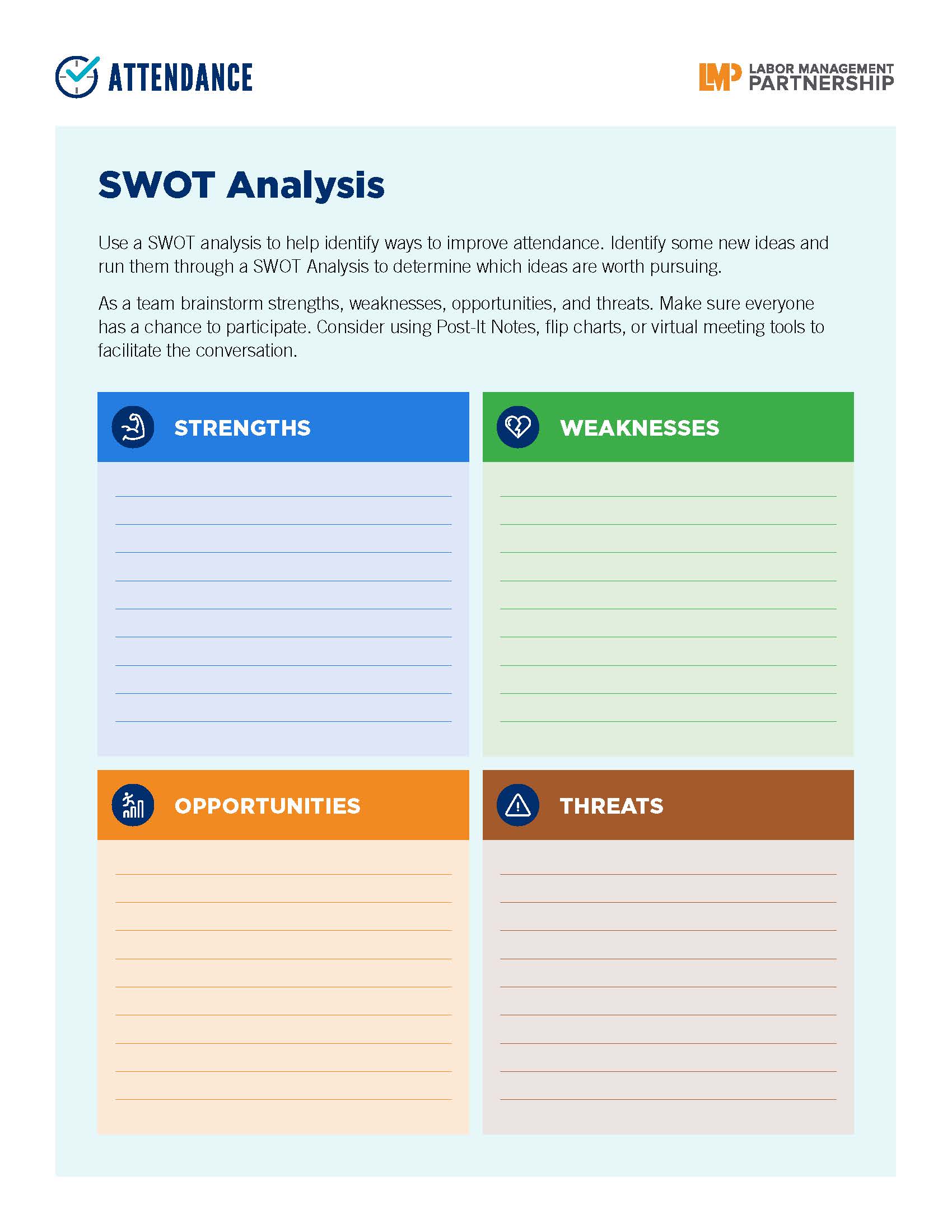 brightly colored flier showing a SWOT matrix